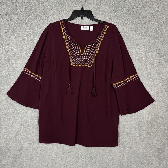Womens Large Gauzy Peasant Top Floral Embroidered Boho Blouse Tasseled Textured - Picture 1 of 11
